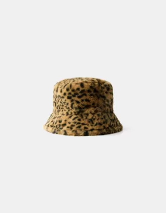 Animal print faux fur bucket hat