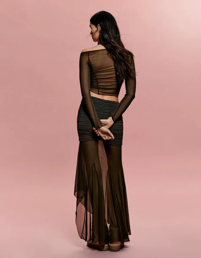 BERSHKA SERIES gathered tulle midi skirt