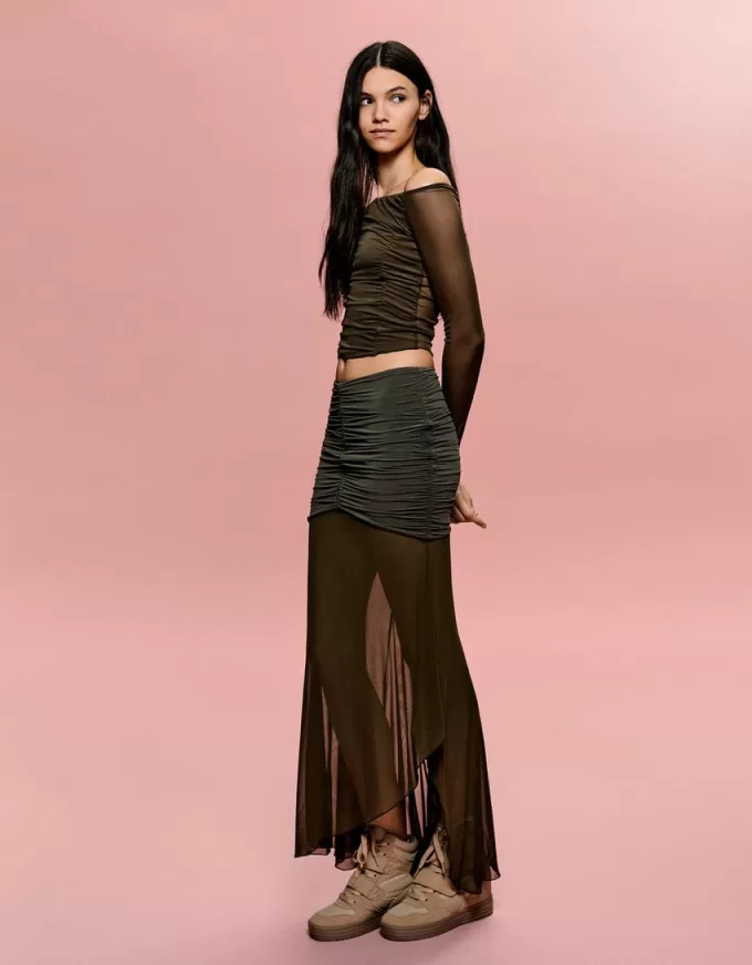 BERSHKA SERIES long sleeve gathered tulle T-shirt