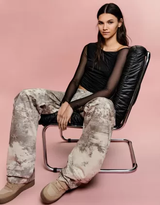 BERSHKA SERIES long sleeve gathered tulle T-shirt