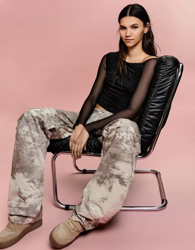 BERSHKA SERIES long sleeve gathered tulle T-shirt