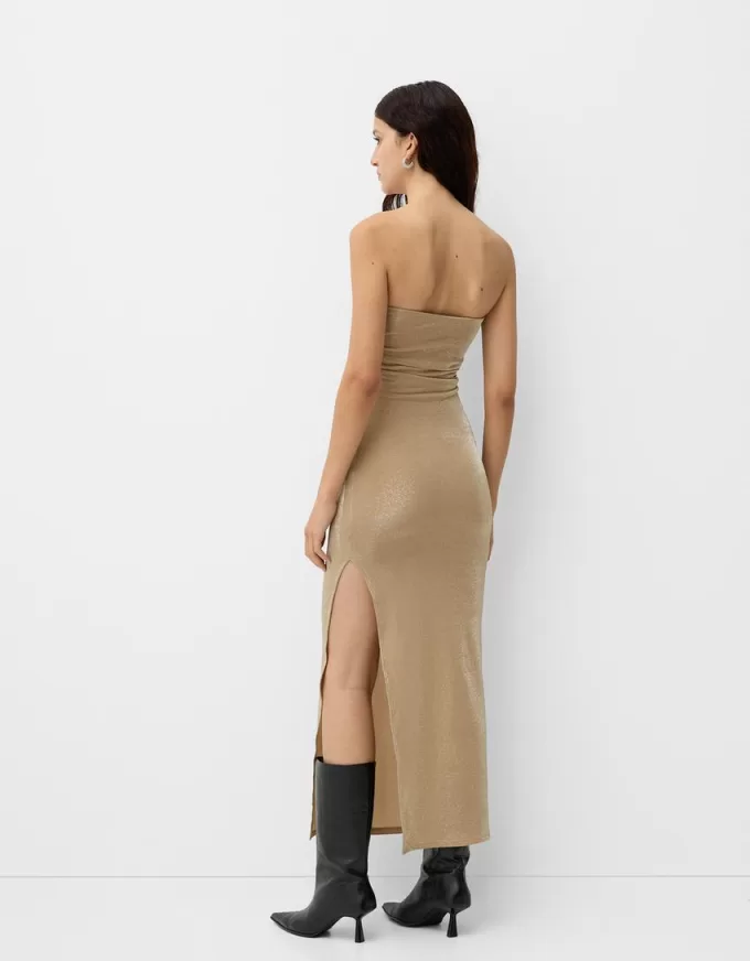 Bandeau neckline midi dress with metallic thread Bandeau neckline midi dress with metallic thread