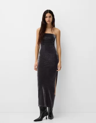 Bandeau neckline midi dress with metallic thread