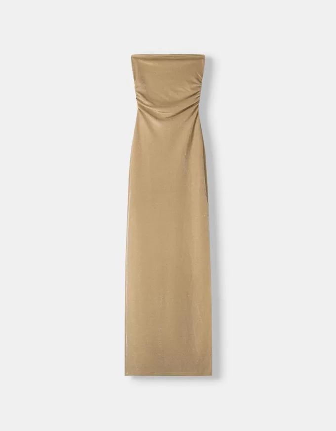 Bandeau neckline midi dress with metallic thread Bandeau neckline midi dress with metallic thread