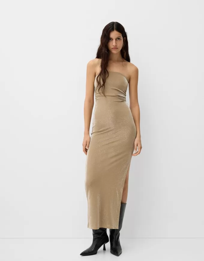 Bandeau neckline midi dress with metallic thread Bandeau neckline midi dress with metallic thread