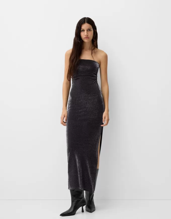 Bandeau neckline midi dress with metallic thread Bandeau neckline midi dress with metallic thread