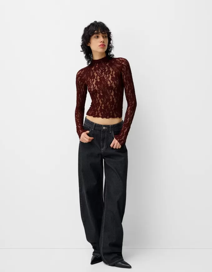 Blonde lace high neck long sleeve T-shirt