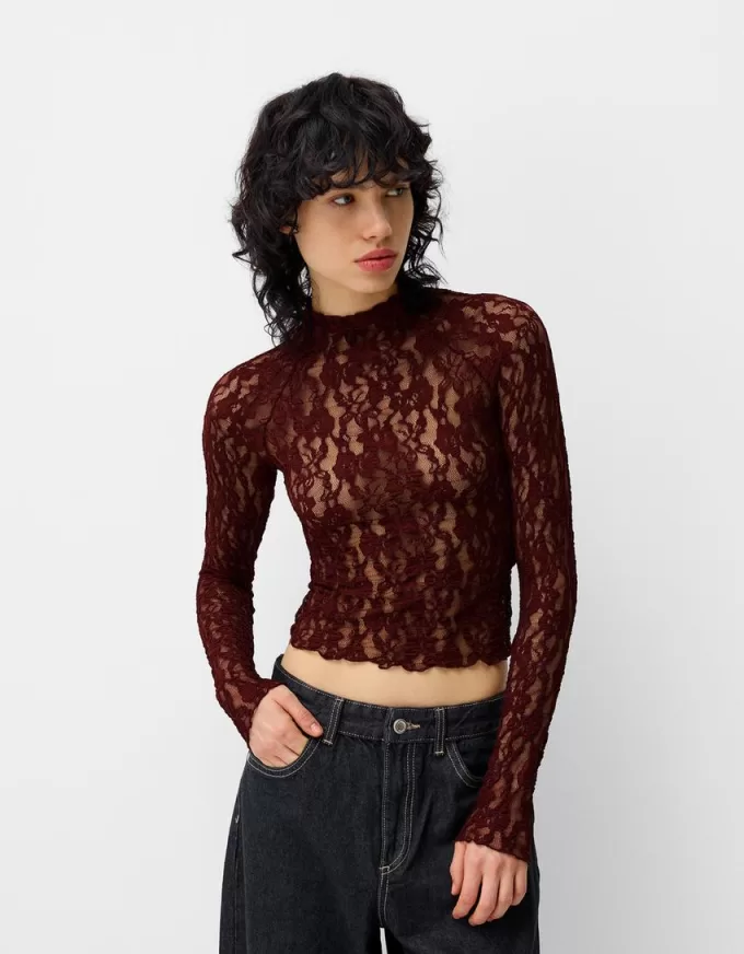 Blonde lace high neck long sleeve T-shirt