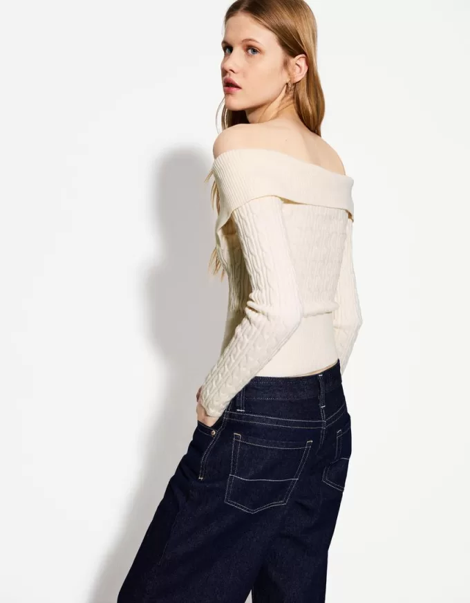 Cable-knit Bardot cardigan with zipper