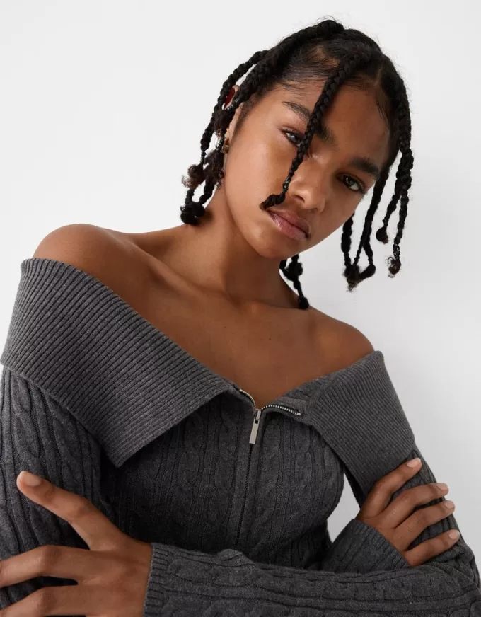 Cable-knit Bardot cardigan with zipper