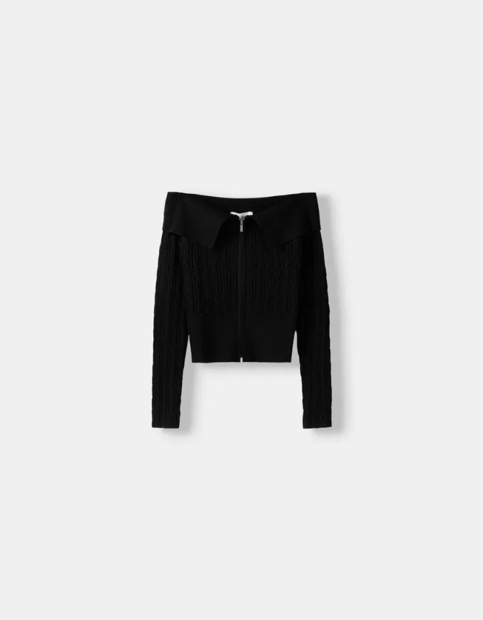 Cable-knit Bardot cardigan with zipper