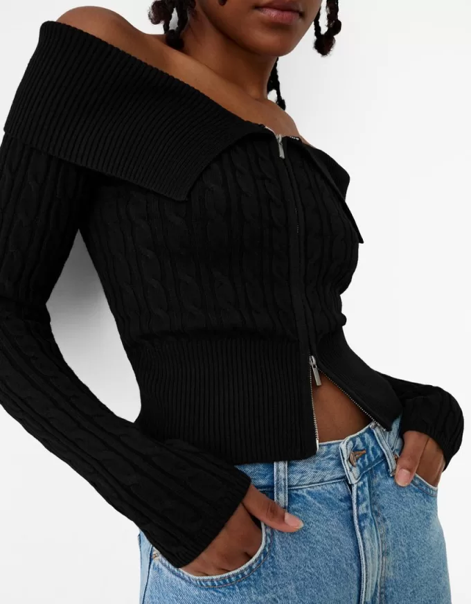 Cable-knit Bardot cardigan with zipper