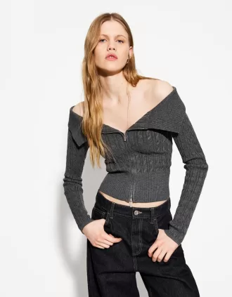Cable-knit Bardot cardigan with zipper