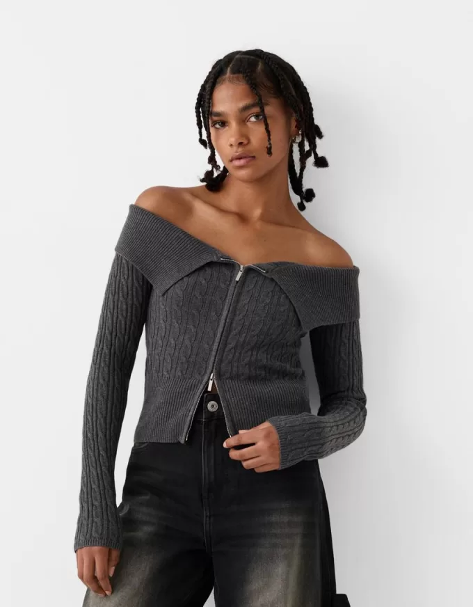 Cable-knit Bardot cardigan with zipper