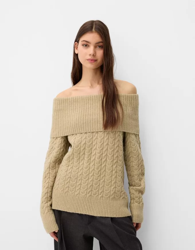 Cable-knit Bardot neckline sweater Cable-knit Bardot neckline sweater