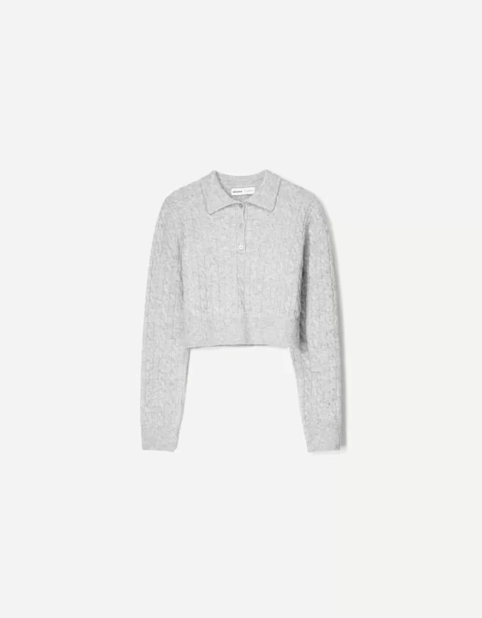 Cable-knit polo collar sweater