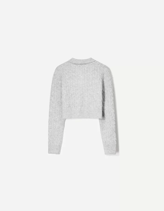 Cable-knit polo collar sweater