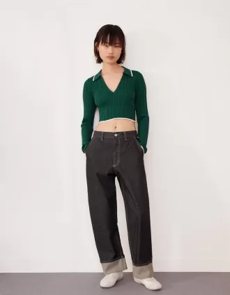 Cable-knit polo collar sweater