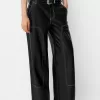Contrast leather effect pants with belt