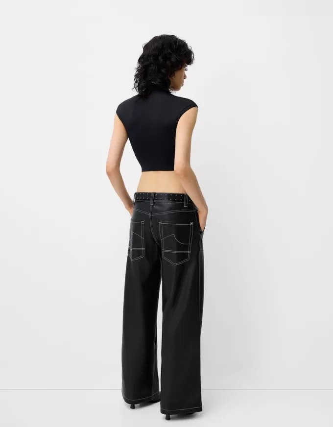 Contrast leather effect pants with belt