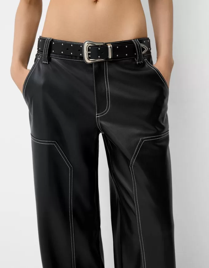Contrast leather effect pants with belt