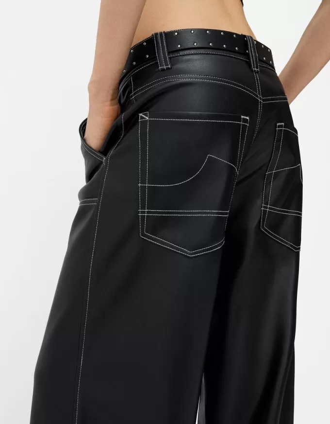 Contrast leather effect pants with belt