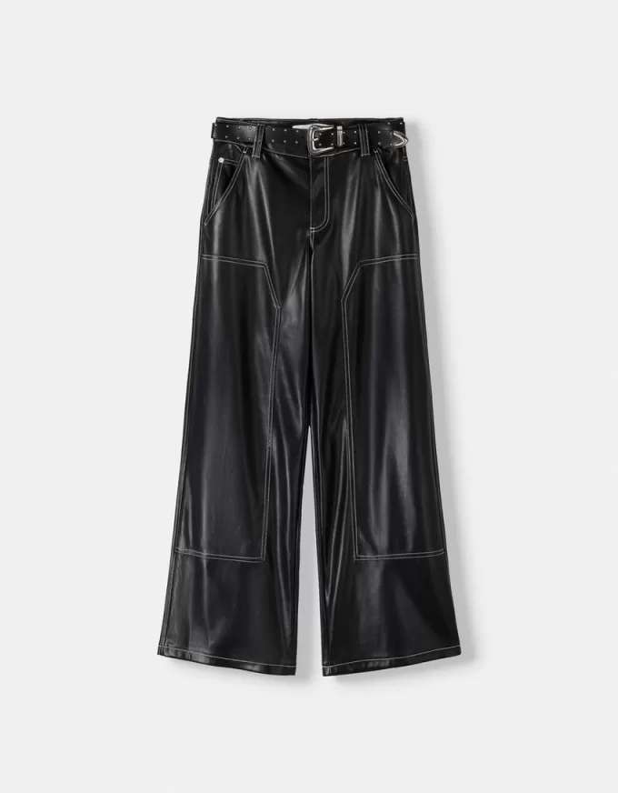 Contrast leather effect pants with belt