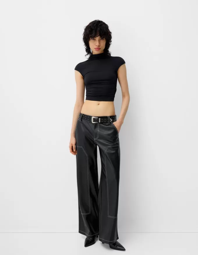Contrast leather effect pants with belt