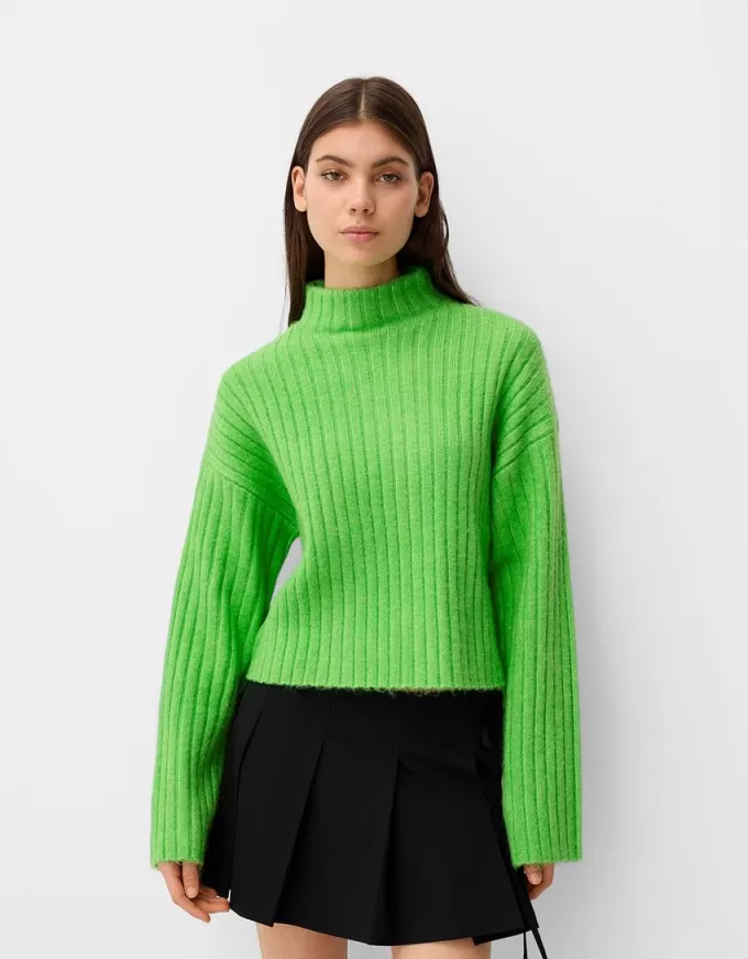 Cropped ribbed oversize high neck sweater