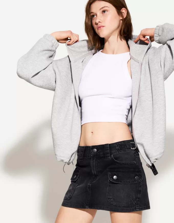 Denim cargo skirt with straps