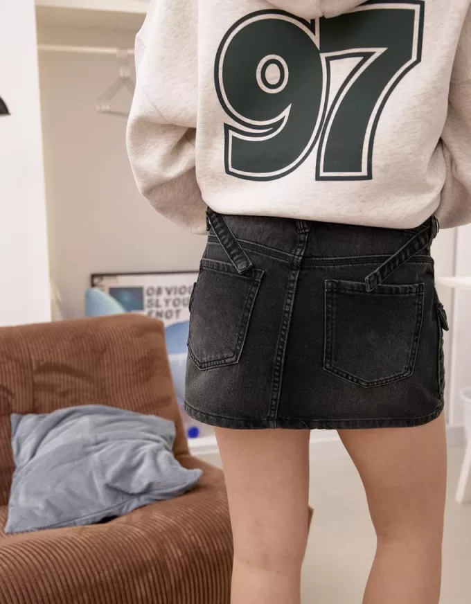 Denim cargo skirt with straps