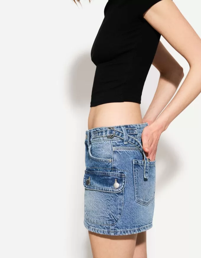 Denim cargo skirt with straps