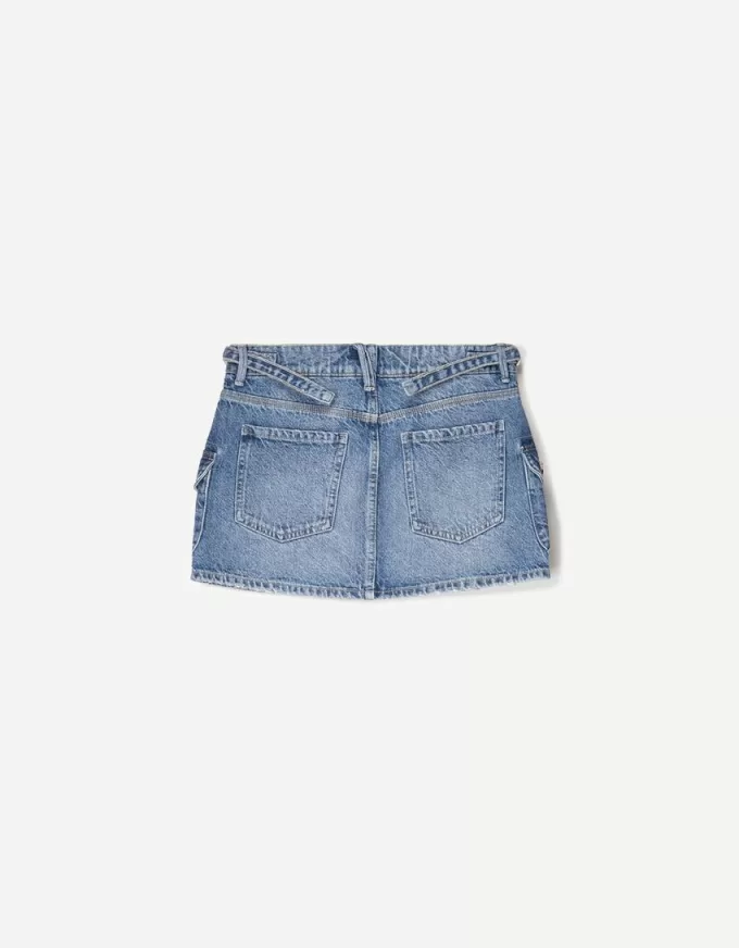 Denim cargo skirt with straps