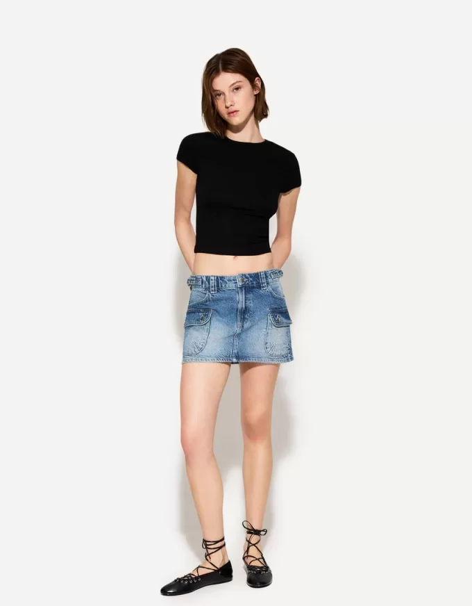 Denim cargo skirt with straps