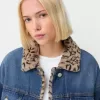 Denim jacket with animal print faux fur collar