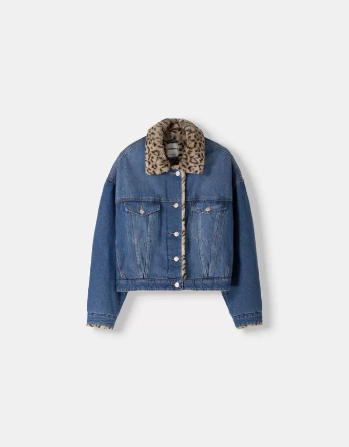 Denim jacket with animal print faux fur collar
