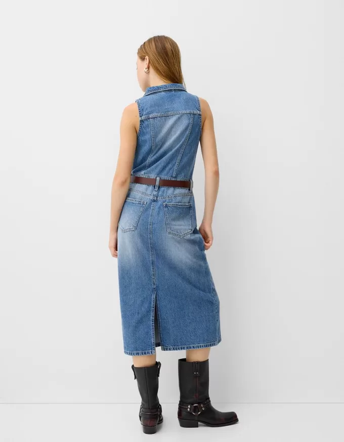 Denim midi dress with belt