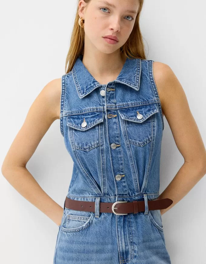 Denim midi dress with belt