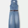 Denim midi dress with belt