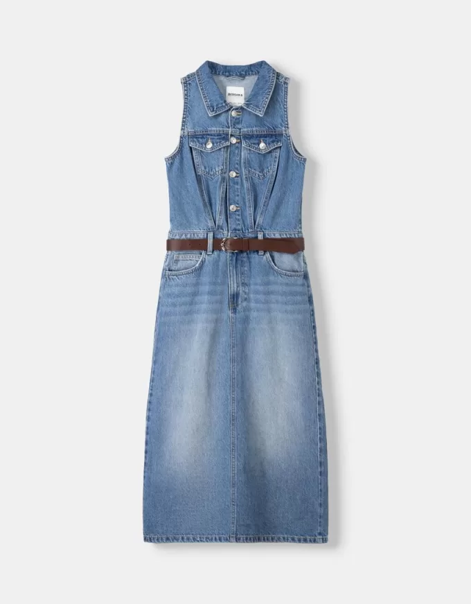 Denim midi dress with belt