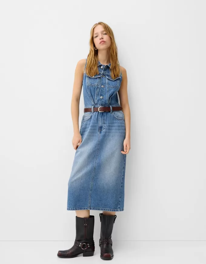 Denim midi dress with belt