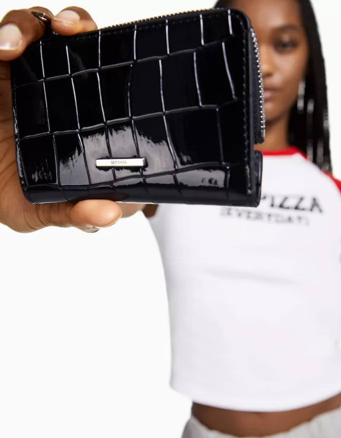 Embossed faux-patent finish animal print purse