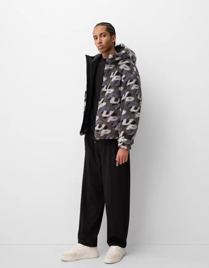 Faux shearling jacket with print