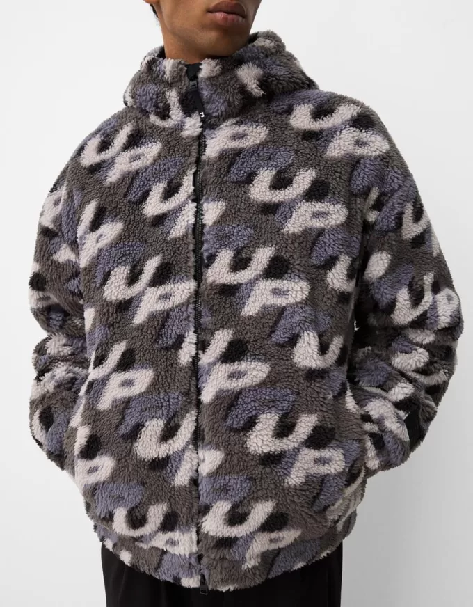 Faux shearling jacket with print