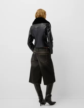 Fitted leather effect jacket with a sweatshirt material neck