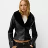 Fitted leather effect jacket with a sweatshirt material neck