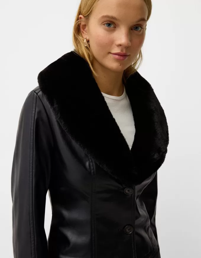 Fitted leather effect jacket with a sweatshirt material neck