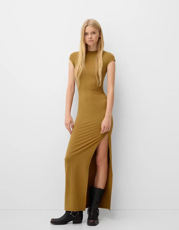 Gathered maxi dress with a side slit Gathered maxi dress with a side slit