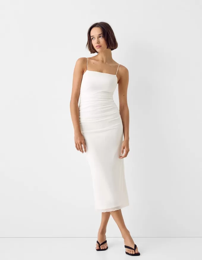 Gathered midi dress with straps Gathered midi dress with straps