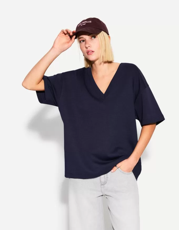 Heavy cotton V-neck short sleeve T-shirt